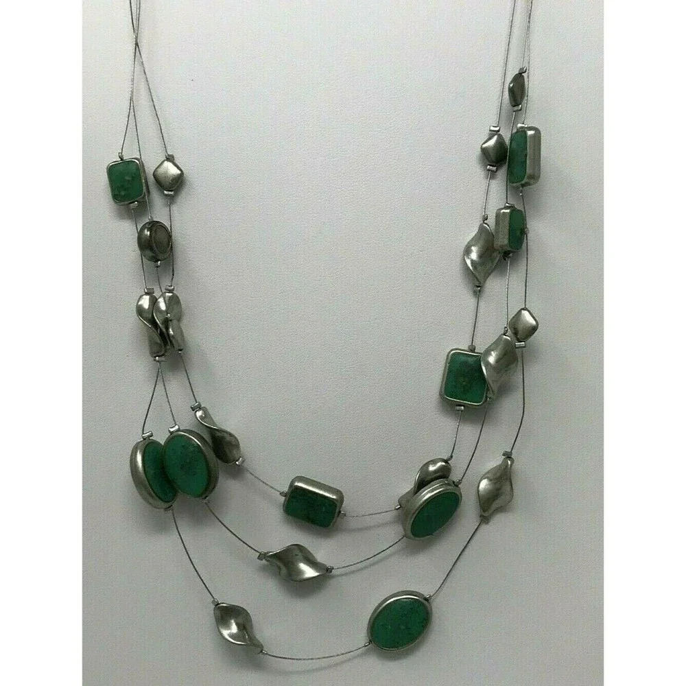 CHICO'S Necklace Greenish Blue Teal Multi Strand Floating Silver Tone